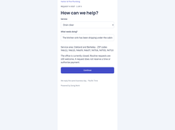 Customer-facing service-request form for Harbor & Pine Plumbing with a service selector, job-description field, service-area ZIP codes, and Continue button.