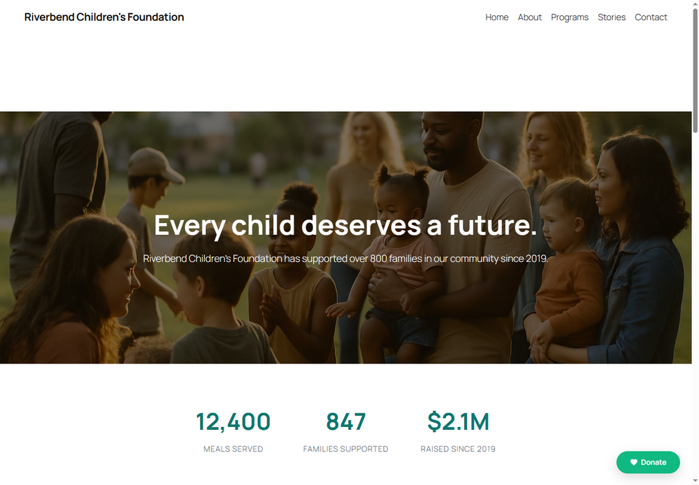 A floating Donate button on a nonprofit homepage, added with the DonatoTomato WordPress plugin.