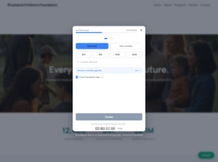 The donation widget opens in a pop-up modal. Card fields are hosted by Stripe, and donors can choose to cover the transaction fee.