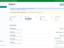 The nonprofit dashboard: total raised, active campaigns, monthly donors and recent donations. Shown here with demo sample data.