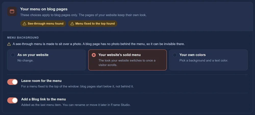 DonkeyCMS blog-menu settings showing notices for a see-through fixed menu, menu-background choices, and toggle controls.