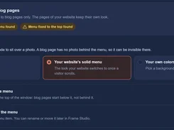 DonkeyCMS blog-menu settings showing notices for a see-through fixed menu, menu-background choices, and toggle controls.