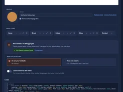 DonkeyCMS Frame Studio screen for editing a site header, including a live navigation preview, logo image control, menu items, blog-menu settings, and HTML code.