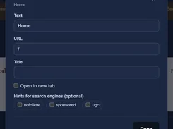 DonkeyCMS modal titled Edit menu item with fields for link text, URL, title, new-tab setting, and search-engine hints.
