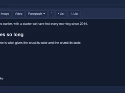 DonkeyCMS rich-text content editor with formatting controls and sample bakery text, headings, and a bulleted list.