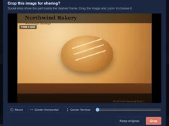 DonkeyCMS image-cropping dialog for social sharing, with a dashed 1200 by 630 crop frame, zoom slider, and crop controls around a bakery image.