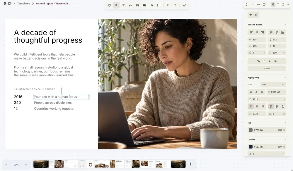 The DOPP editor displays an annual-report template on a dotted canvas, with a selected text box, editing toolbar, slide thumbnails, and a right-side properties panel.