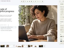 The DOPP editor displays an annual-report template on a dotted canvas, with a selected text box, editing toolbar, slide thumbnails, and a right-side properties panel.