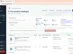 Product catalogue — search, filters and passport status (demo account)