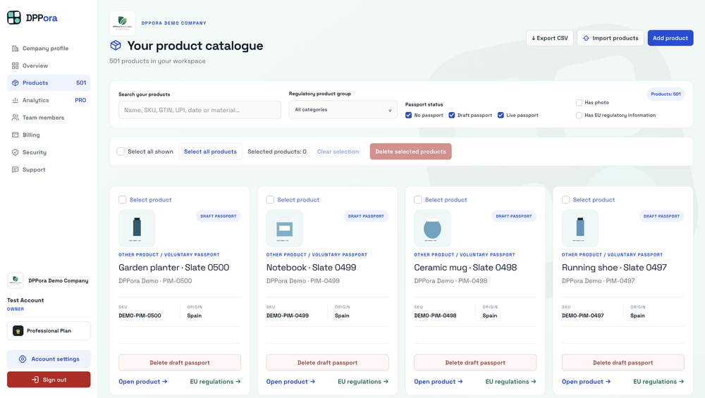Product catalogue — search, filter and manage products