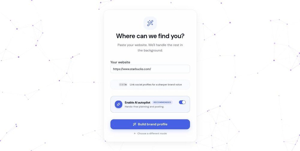 DrawPost onboarding screen asking for a website URL, with an AI autopilot toggle and a “Build brand profile” button.