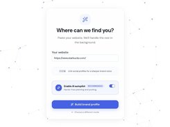 DrawPost onboarding screen asking for a website URL, with an AI autopilot toggle and a “Build brand profile” button.