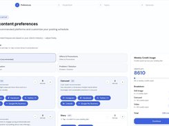 DrawPost setup screen for content preferences, with content strategies, post formats, social platforms, weekly quantities, and credit usage.