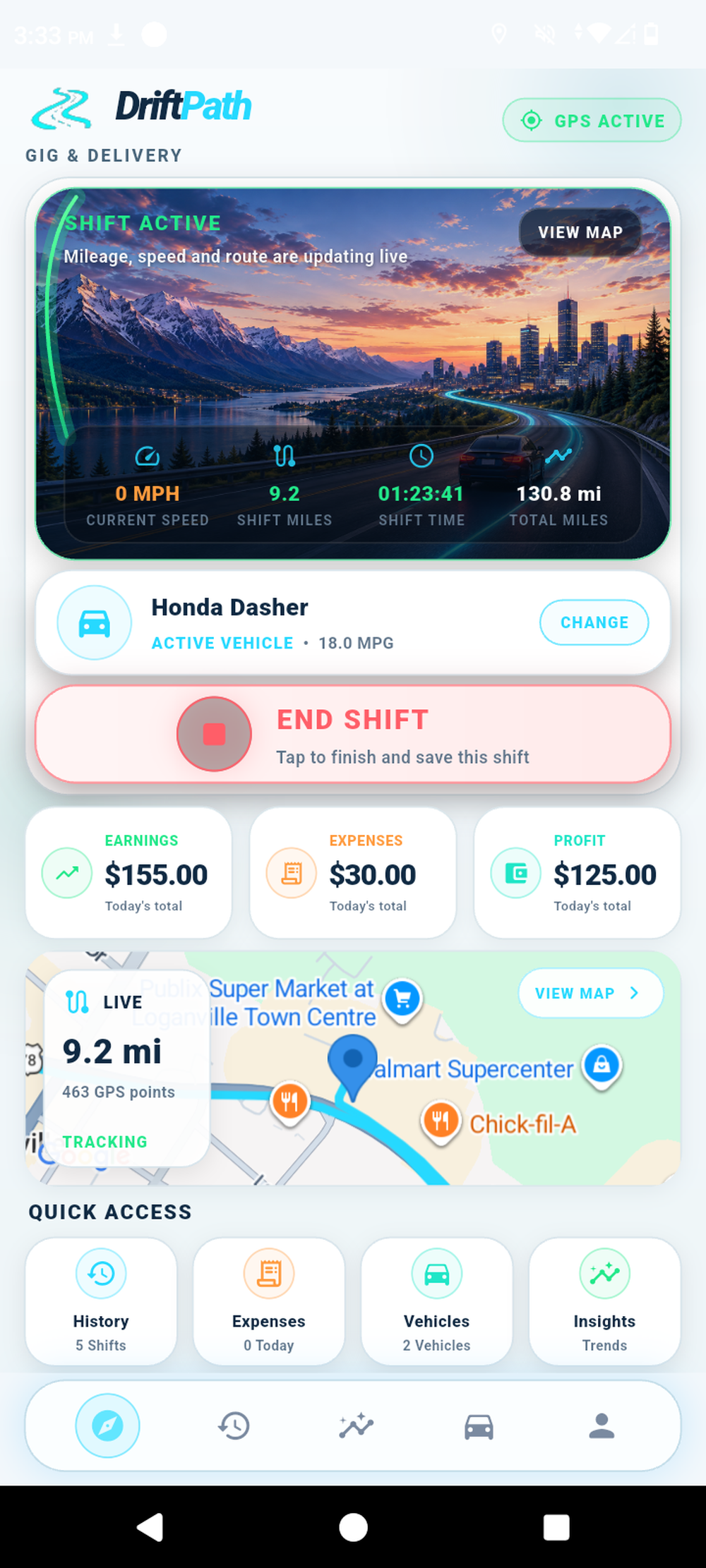 Track mileage, shifts, earnings, and work activity