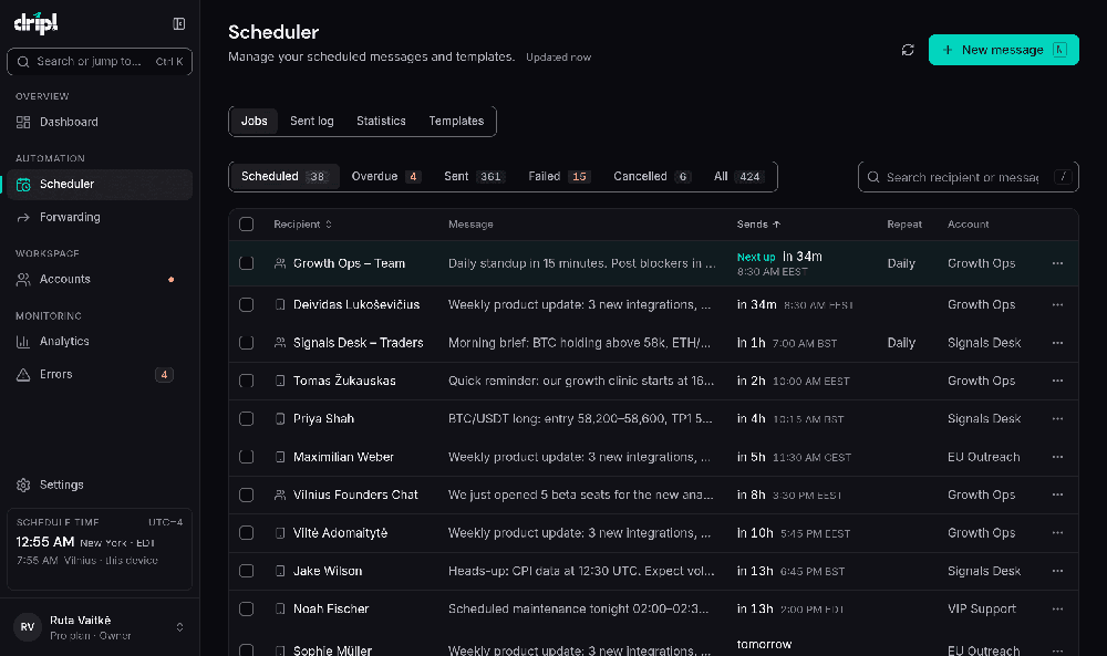 Dark-themed Dripl Scheduler interface showing scheduled messaging jobs in a table, with navigation for Dashboard, Scheduler, Forwarding, Accounts, Analytics, and Errors.