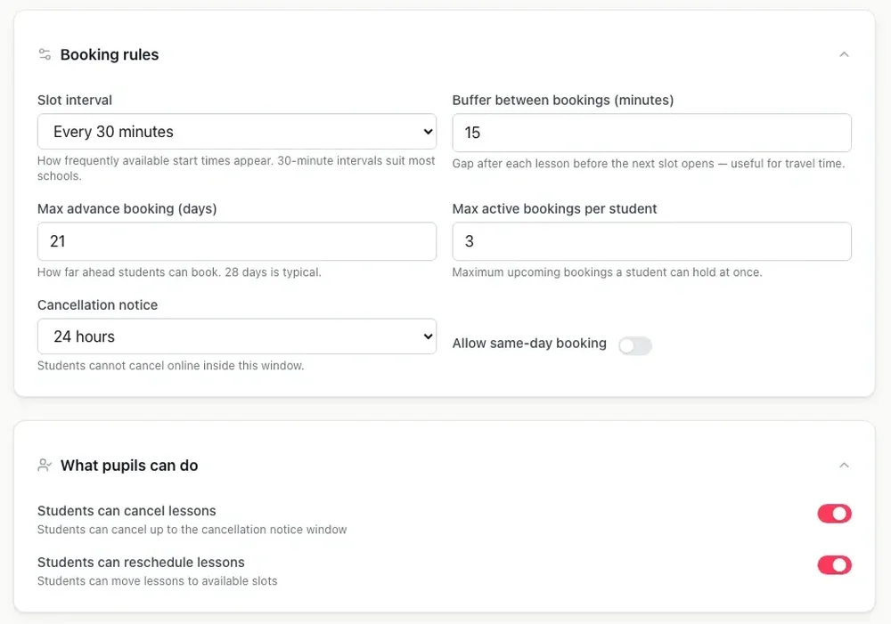 Desktop booking settings page showing slot interval, booking buffer, advance-booking limit, cancellation notice, and pupil cancellation and rescheduling controls.