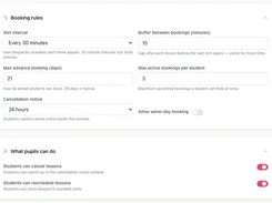 Desktop booking settings page showing slot interval, booking buffer, advance-booking limit, cancellation notice, and pupil cancellation and rescheduling controls.