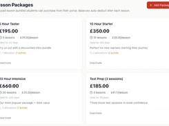 Desktop lesson packages page listing prepaid bundles, prices, lesson counts, validity periods, allocations, and an Add Package button.