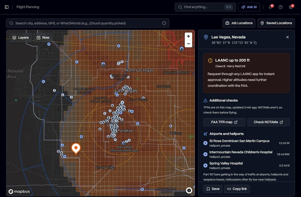 Pre-flight airspace check with the LAANC limit, nearby airports and heliports, and live TFRs