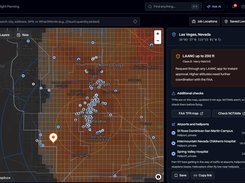 Pre-flight airspace check with the LAANC limit, nearby airports and heliports, and live TFRs