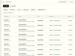 Scheduled flights verified by their logs, from a dock, a controller and an upload