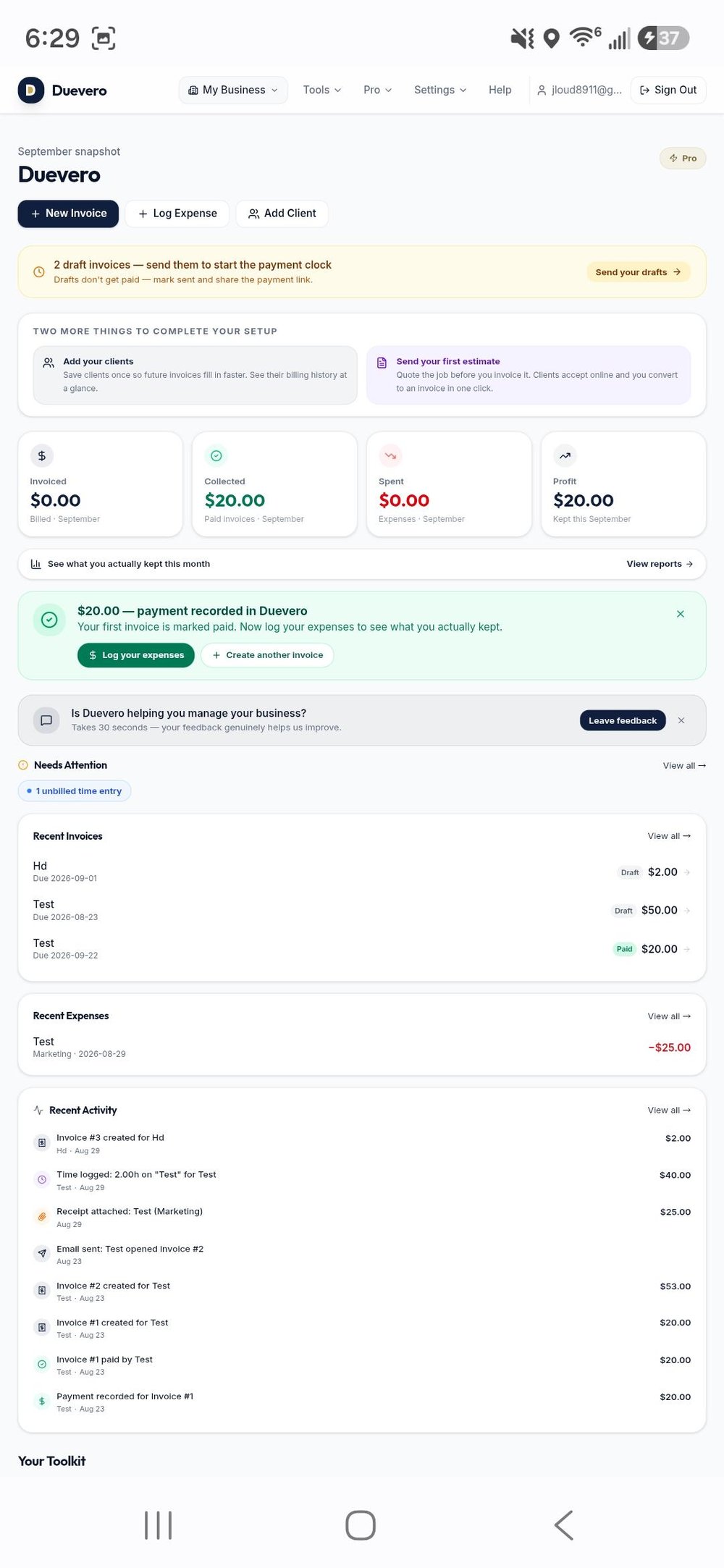Dashboard: Track invoices, payments, expenses, profit, and recent activity in one place