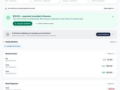 Dashboard: Track invoices, payments, expenses, profit, and recent activity in one place