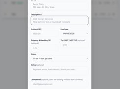 Create Invoice: Create and manage professional client invoices with due dates, taxes, notes, deposits, and email delivery.
