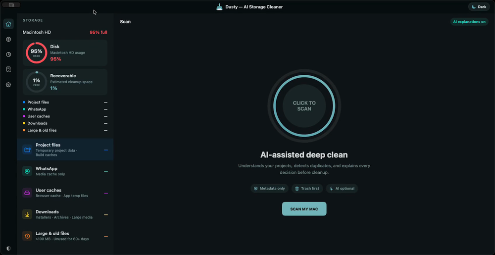 Dusty — AI Storage Cleaner dark-mode Scan screen with disk usage and recoverable-space indicators, cleanup categories, and a central Scan My Mac button.