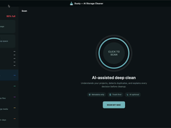 Dusty — AI Storage Cleaner dark-mode Scan screen with disk usage and recoverable-space indicators, cleanup categories, and a central Scan My Mac button.
