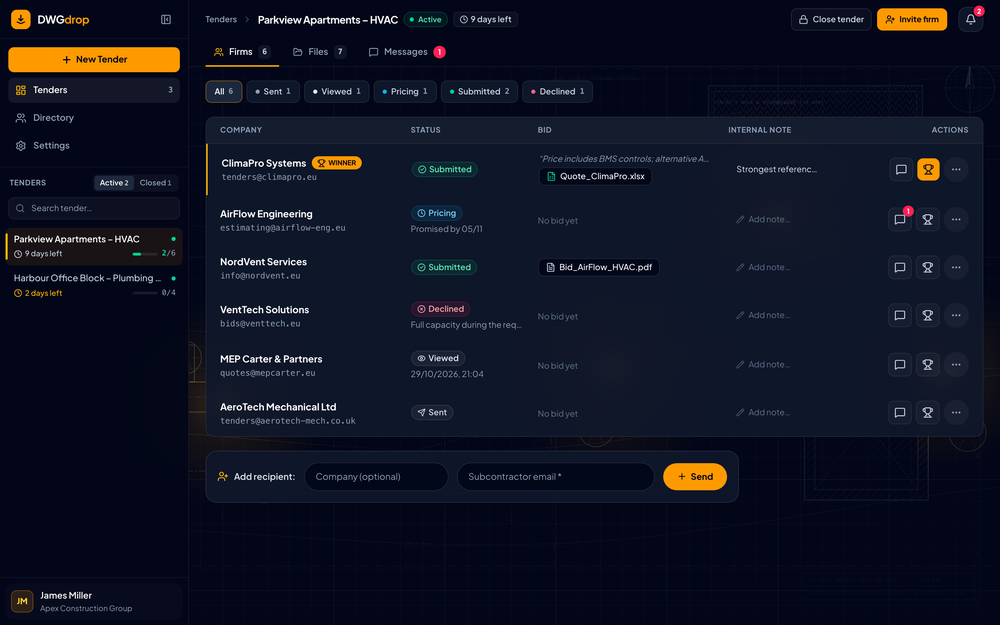 Contractor tender dashboard: track live subcontractor statuses (Viewed, Pricing, Submitted, Declined), preview bids, and pick a winner.