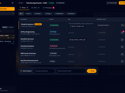 Contractor tender dashboard: track live subcontractor statuses (Viewed, Pricing, Submitted, Declined), preview bids, and pick a winner.