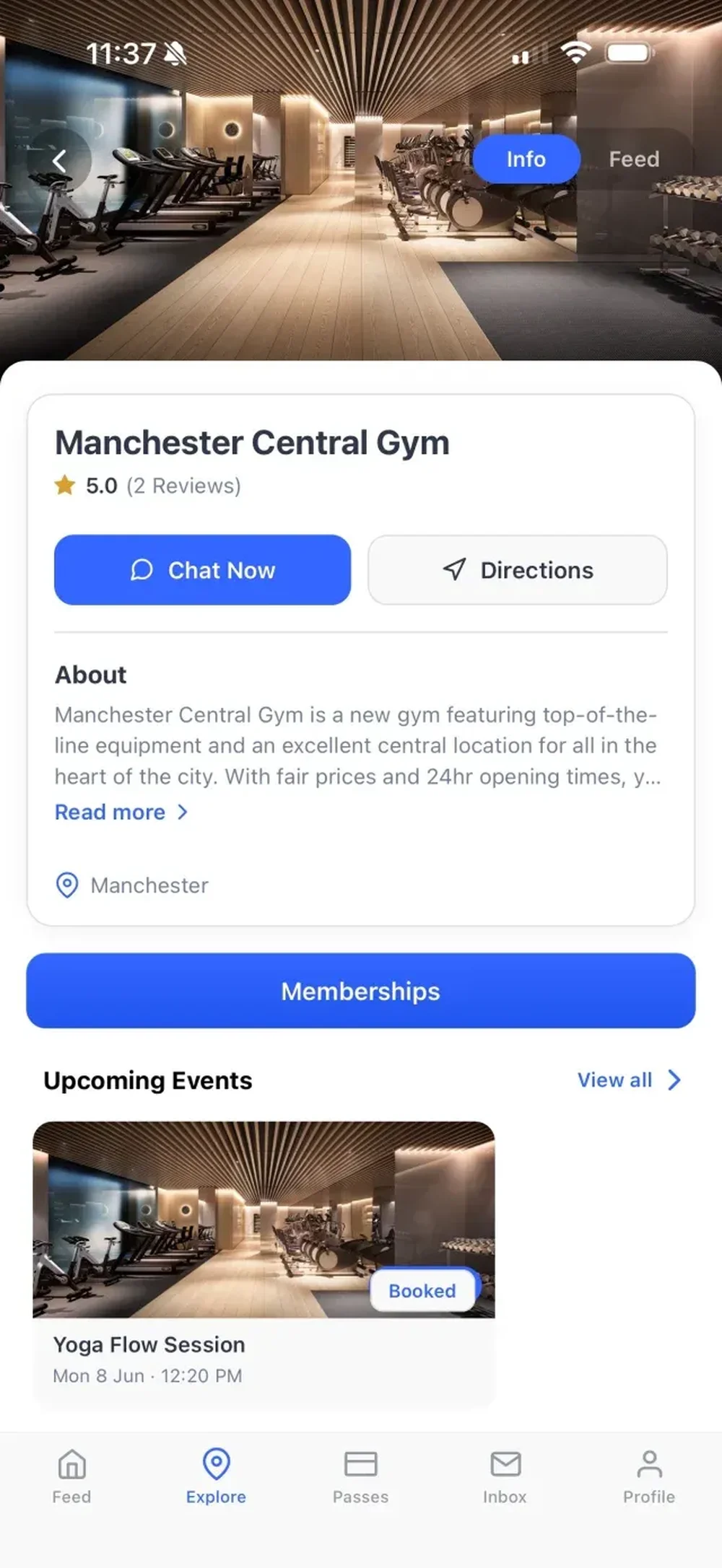 Mobile app screen for Manchester Central Gym with club information, chat and directions buttons, membership access, and an upcoming yoga event.