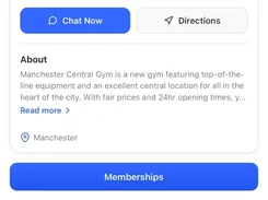 Mobile app screen for Manchester Central Gym with club information, chat and directions buttons, membership access, and an upcoming yoga event.