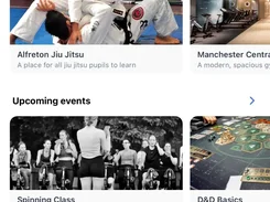 Mobile Explore screen with club categories, discoverable clubs, and upcoming event cards.