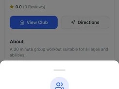 Mobile event details screen with a modal stating that the Group Workout event is full and offering a Join waitlist button.