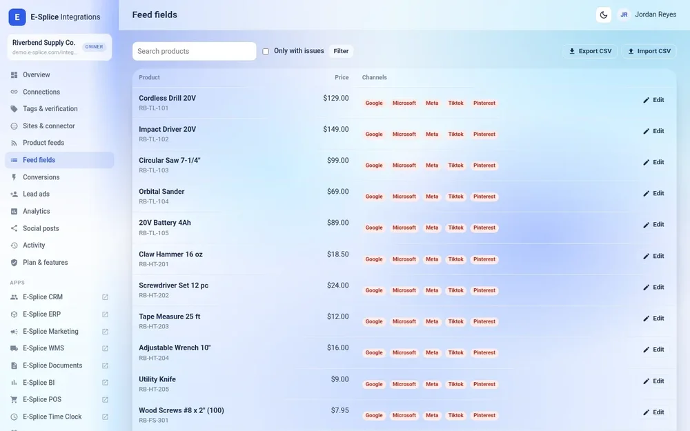 E-Splice Integrations feed fields table listing products, prices, sales channels, and edit controls.