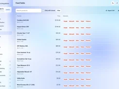 E-Splice Integrations feed fields table listing products, prices, sales channels, and edit controls.