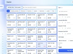E-Splice POS register with product tiles, barcode search, cart items, totals, and payment button.