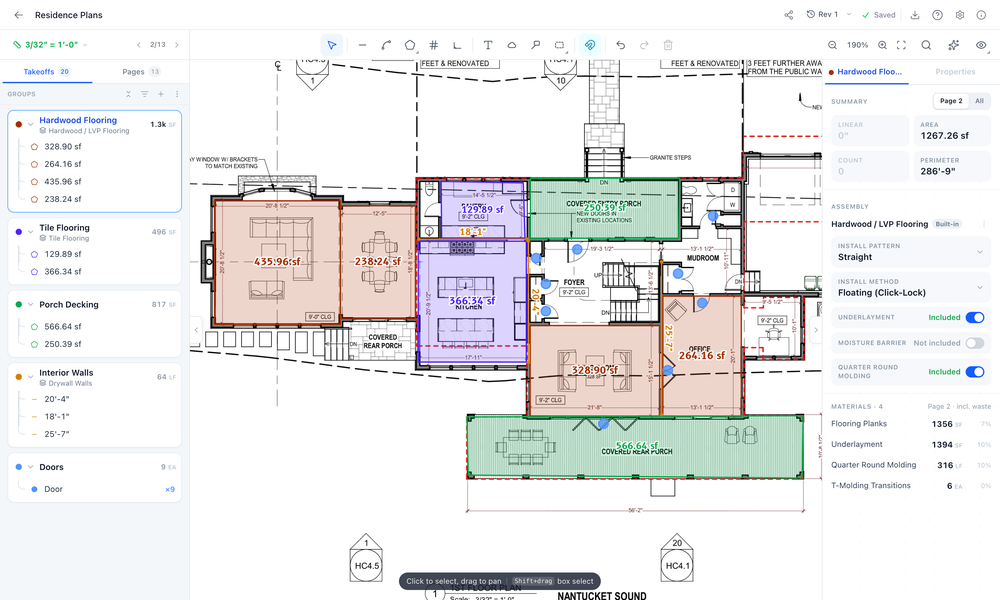 A first floor plan measured into flooring, wall, porch, and door groups, with an included hardwood flooring assembly calculating planks, underlayment, and trim.