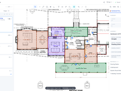 A first floor plan measured into flooring, wall, porch, and door groups, with an included hardwood flooring assembly calculating planks, underlayment, and trim.