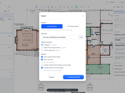 Takeoffs export as an annotated PDF with a takeoff summary, or as a CSV spreadsheet for estimating.