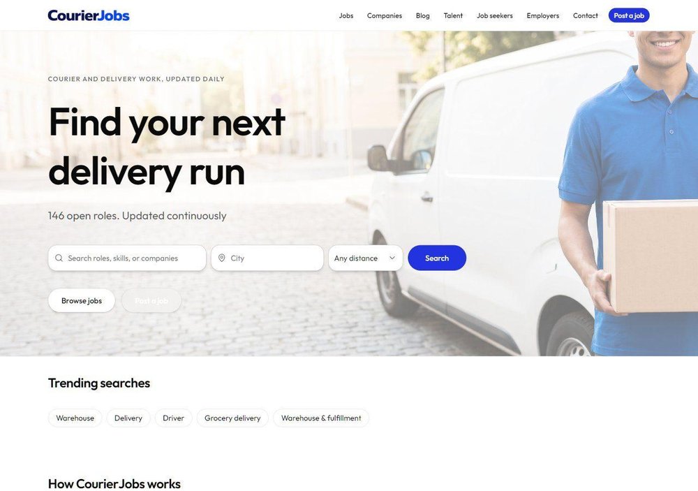 A live courier and delivery job board built on easyboard, running on its own domain and branding