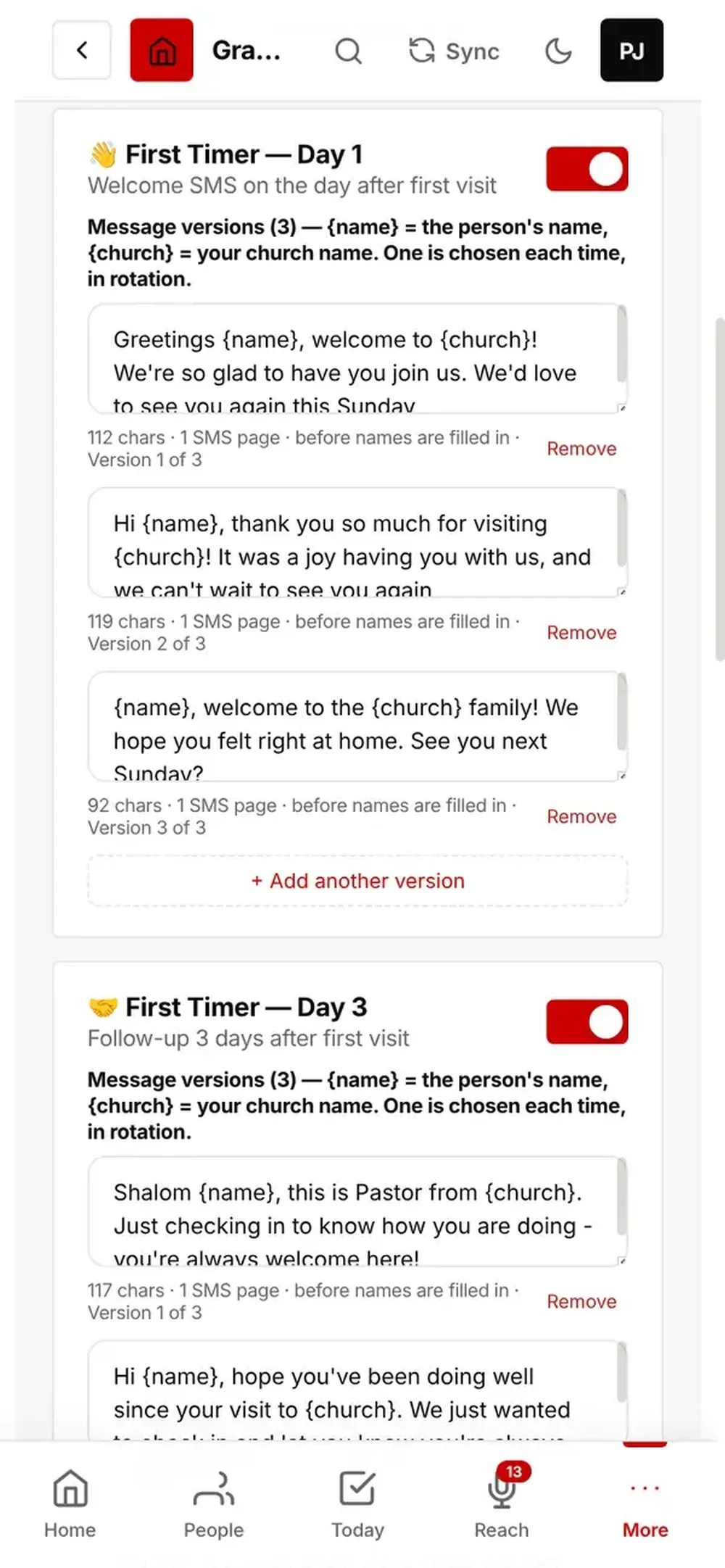 EasyChurch mobile interface for configuring rotating welcome SMS message versions for first-time visitors.