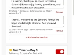 EasyChurch mobile interface for configuring rotating welcome SMS message versions for first-time visitors.