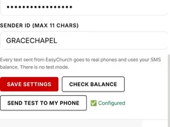 EasyChurch settings screen for selecting an SMS provider, entering an API token, setting sender ID, and configuring absence rules.