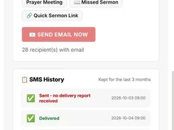 EasyChurch messaging screen with email quick templates and an SMS delivery history list.