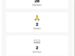 EasyChurch Advanced Search screen with a search field and summary counts for members, prayers, sermons, events, and phone records.
