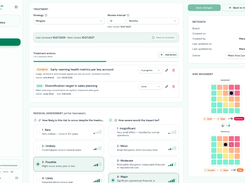 Treatment on a risk: strategy, review interval and concrete actions with owners, status and due dates. Below it the residual assessment with guided anchors, and a side-by-side view of how far the risk moved after treatment.