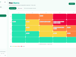 Interactive 5x5 matrix, switchable between inherent and residual rating. Each cell lists the risks that fall in it and links straight to them, so treatment shows as movement across the grid rather than a redrawn picture.